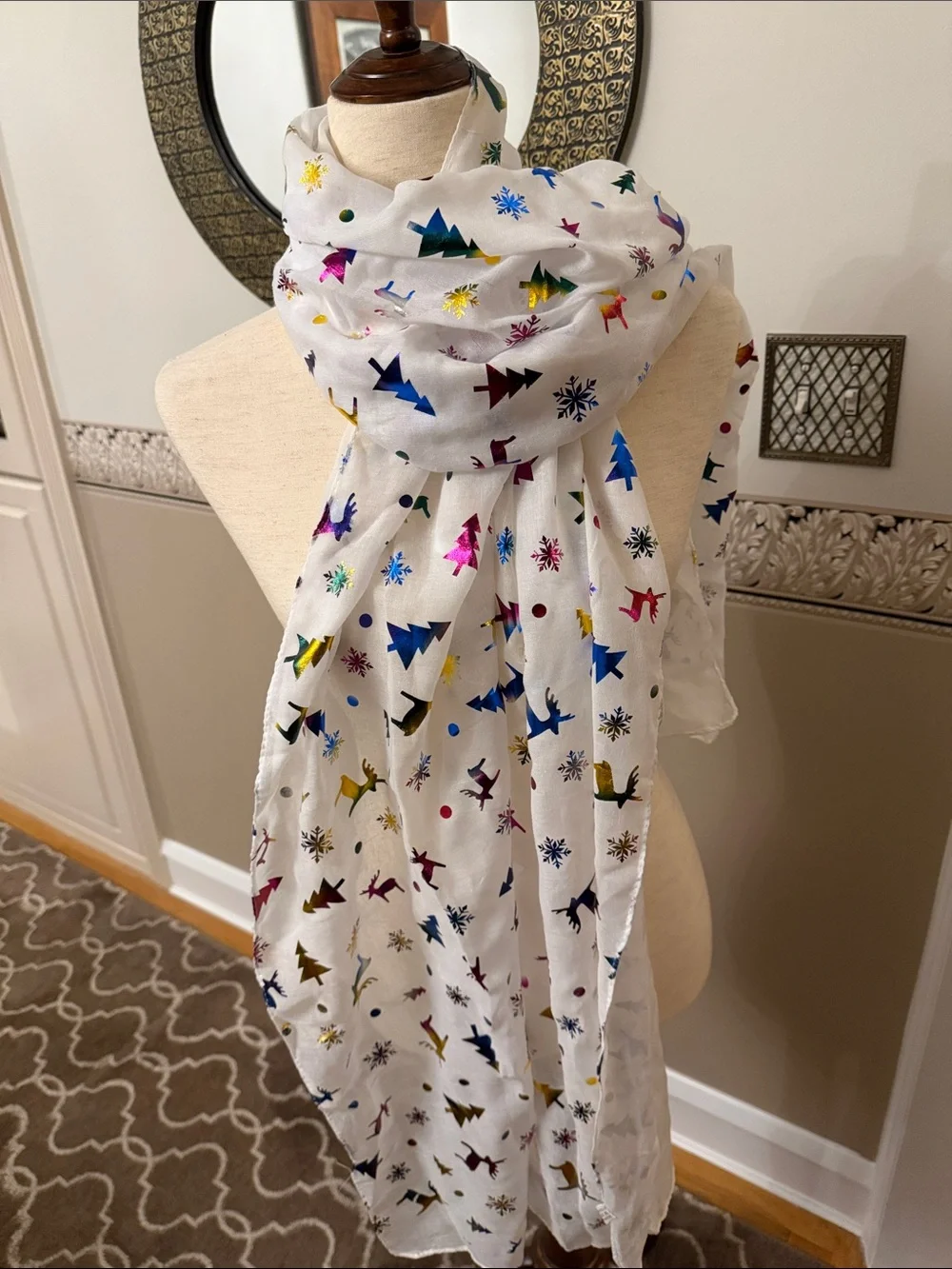 White Holiday Scarf with Multicolor Trees & Reindeer